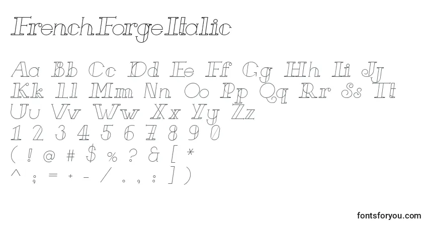 Czcionka FrenchForgeItalic – alfabet, cyfry, specjalne znaki