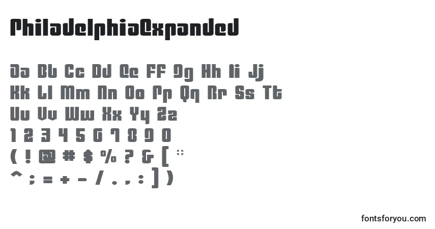 Schriftart PhiladelphiaExpanded – Alphabet, Zahlen, spezielle Symbole