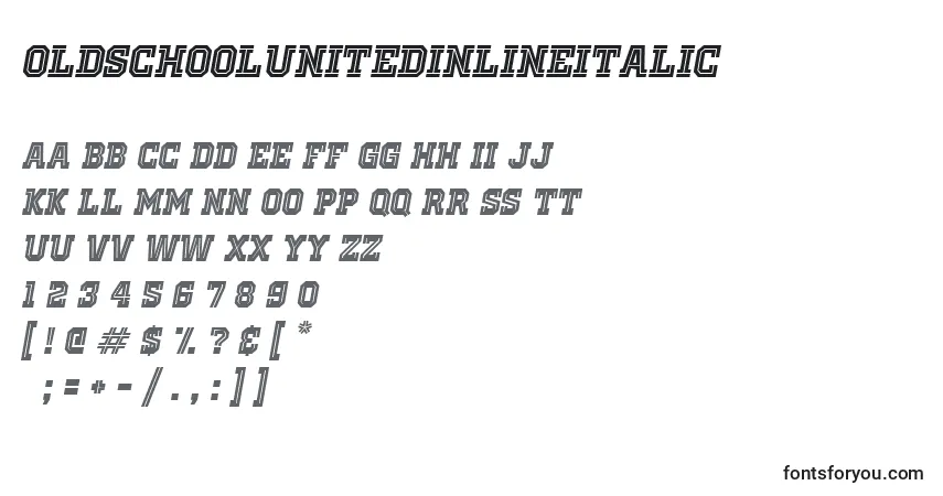 A fonte OldSchoolUnitedInlineItalic – alfabeto, números, caracteres especiais