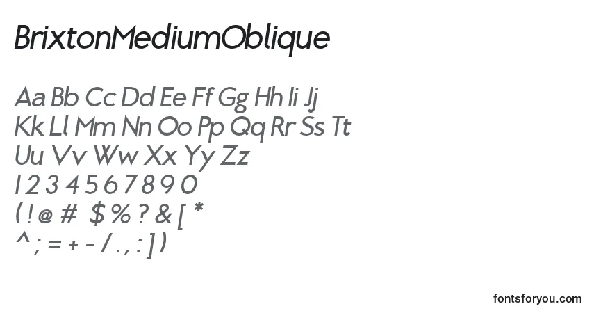 A fonte BrixtonMediumOblique – alfabeto, números, caracteres especiais