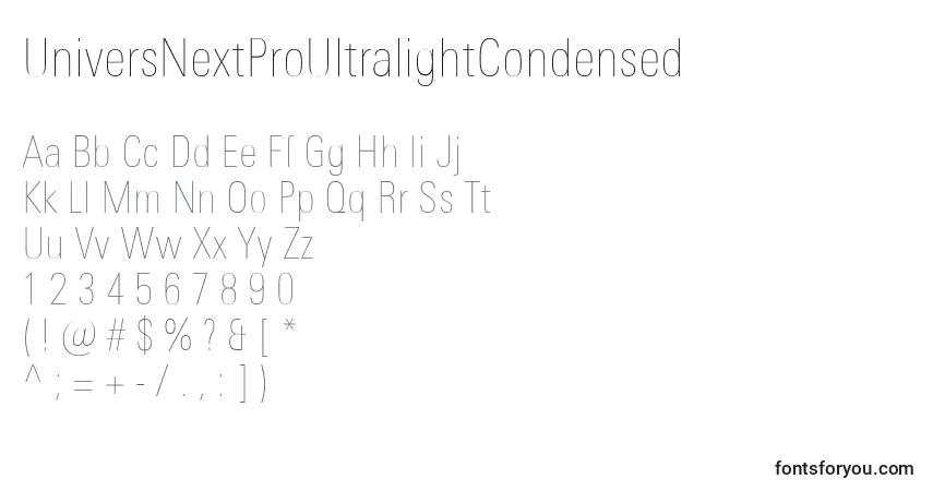 Czcionka UniversNextProUltralightCondensed – alfabet, cyfry, specjalne znaki