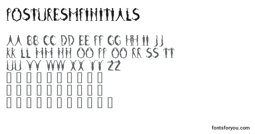 Czcionka PosturesMfInitials – alfabet, cyfry, specjalne znaki