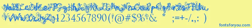 フォントDenneAngel – 青い文字が黄色の背景にあります。