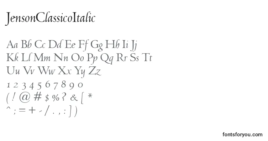 A fonte JensonClassicoItalic – alfabeto, números, caracteres especiais