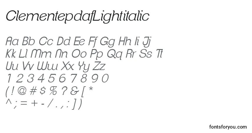 Czcionka ClementepdafLightitalic – alfabet, cyfry, specjalne znaki