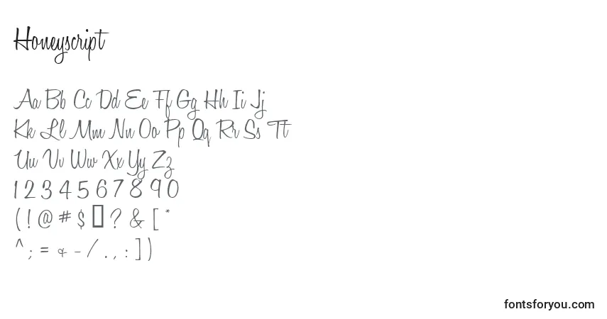A fonte Honeyscript – alfabeto, números, caracteres especiais
