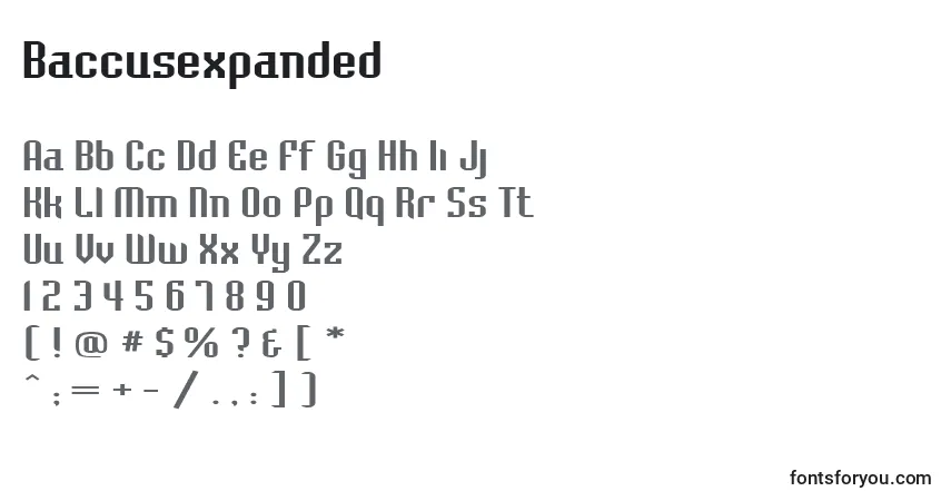Czcionka Baccusexpanded – alfabet, cyfry, specjalne znaki