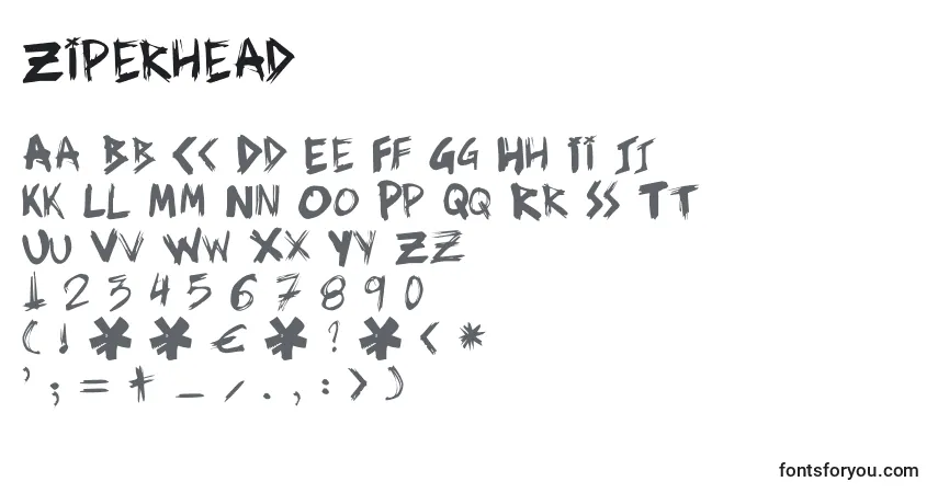 Czcionka Ziperhead – alfabet, cyfry, specjalne znaki