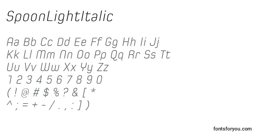 A fonte SpoonLightItalic – alfabeto, números, caracteres especiais