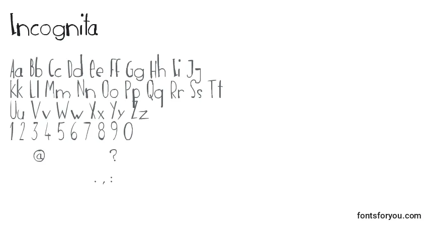 Incognita-fontti – aakkoset, numerot, erikoismerkit