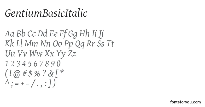 Czcionka GentiumBasicItalic – alfabet, cyfry, specjalne znaki