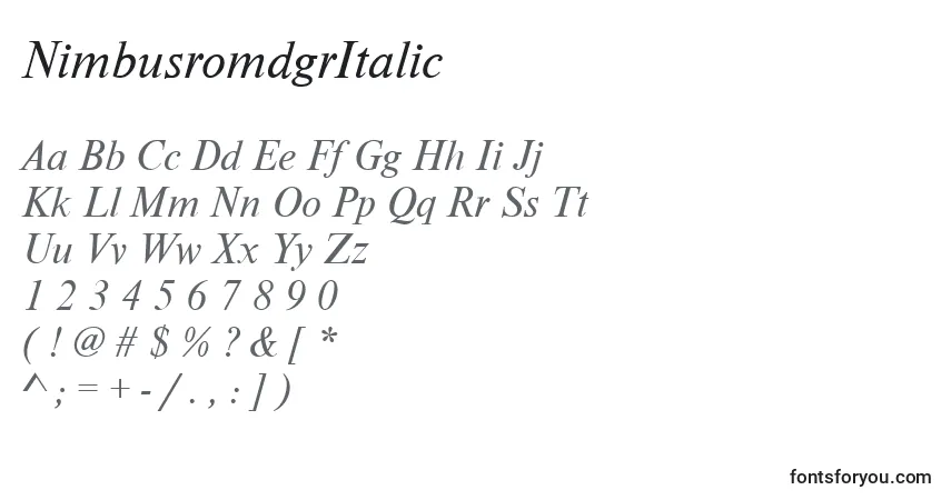 Czcionka NimbusromdgrItalic – alfabet, cyfry, specjalne znaki