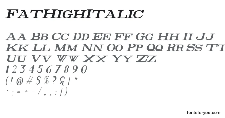 Schriftart FatHighItalic – Alphabet, Zahlen, spezielle Symbole