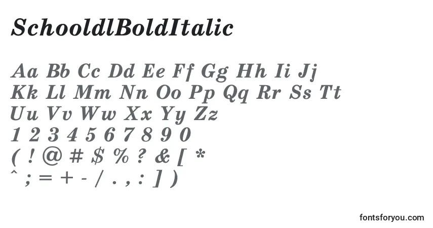 A fonte SchooldlBoldItalic – alfabeto, números, caracteres especiais