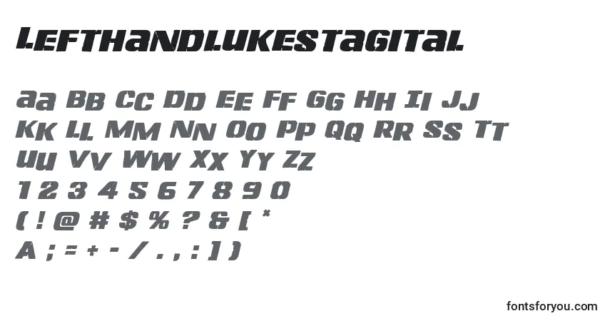 Schriftart Lefthandlukestagital – Alphabet, Zahlen, spezielle Symbole