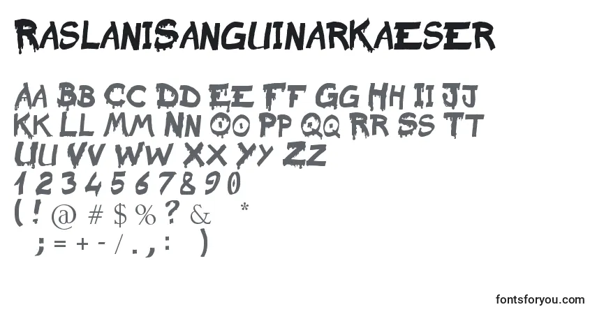 Czcionka RaslaniSanguinarKaeser – alfabet, cyfry, specjalne znaki