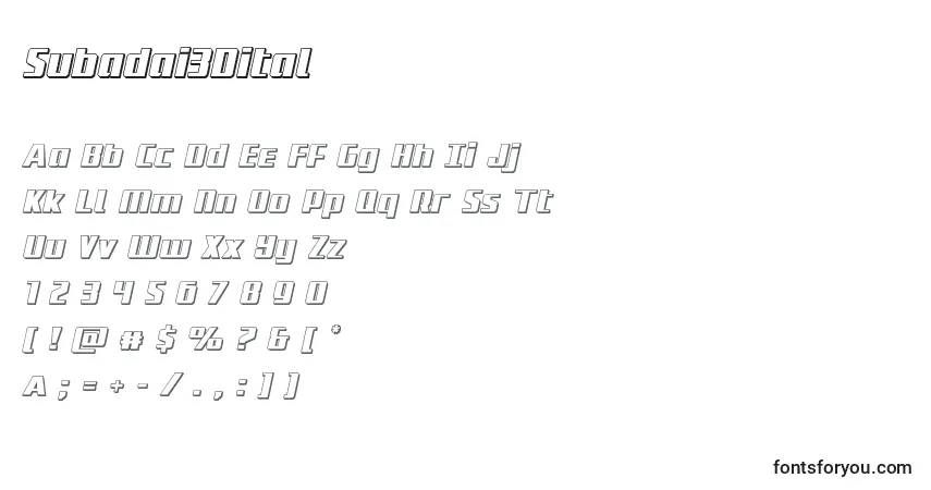 Schriftart Subadai3Dital – Alphabet, Zahlen, spezielle Symbole