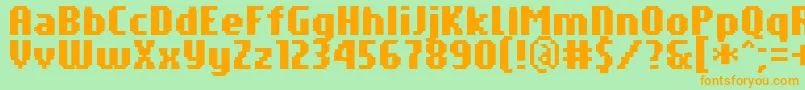 PfTempestaSevenCompressedBold-Schriftart – Orangefarbene Schriften auf grünem Hintergrund