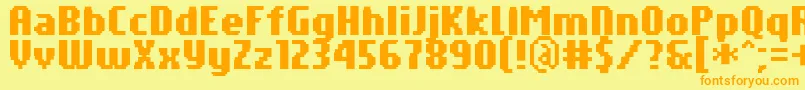 PfTempestaSevenCompressedBold-Schriftart – Orangefarbene Schriften auf gelbem Hintergrund