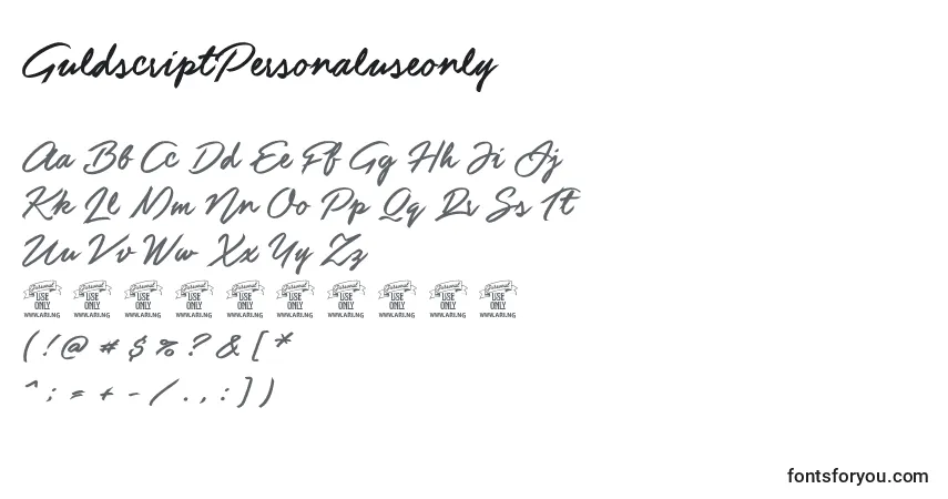 A fonte GuldscriptPersonaluseonly – alfabeto, números, caracteres especiais