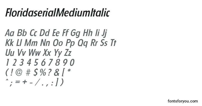 FloridaserialMediumItalic-fontti – aakkoset, numerot, erikoismerkit
