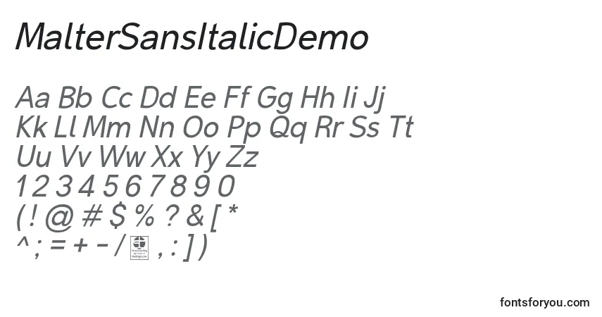 Шрифт MalterSansItalicDemo – алфавит, цифры, специальные символы