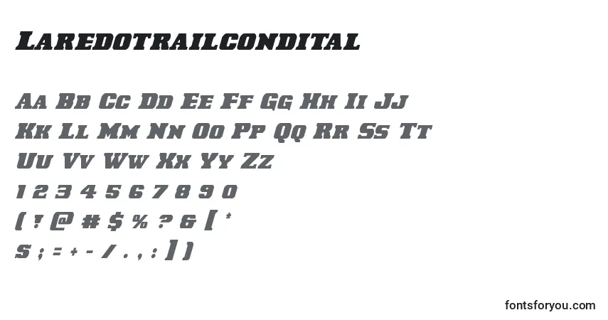 Czcionka Laredotrailcondital – alfabet, cyfry, specjalne znaki