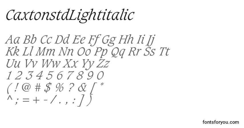 Czcionka CaxtonstdLightitalic – alfabet, cyfry, specjalne znaki