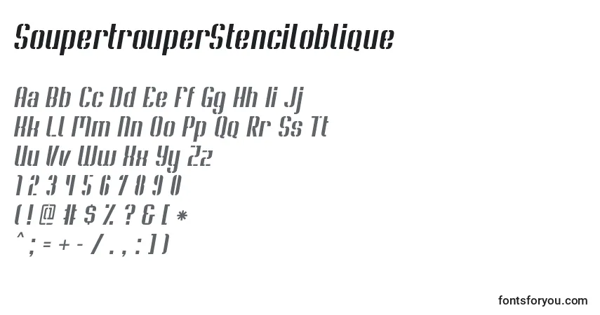 Czcionka SoupertrouperStenciloblique – alfabet, cyfry, specjalne znaki