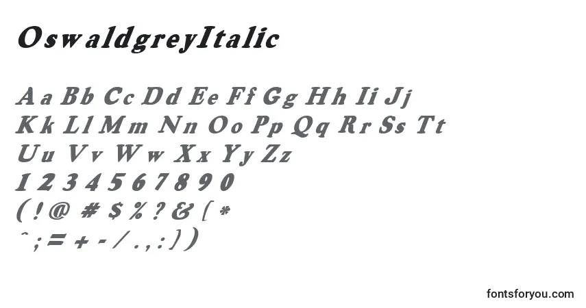 Schriftart OswaldgreyItalic – Alphabet, Zahlen, spezielle Symbole