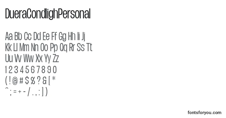 DueraCondlighPersonal Font – alphabet, numbers, special characters