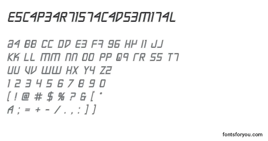 Czcionka Escapeartistacadsemital – alfabet, cyfry, specjalne znaki