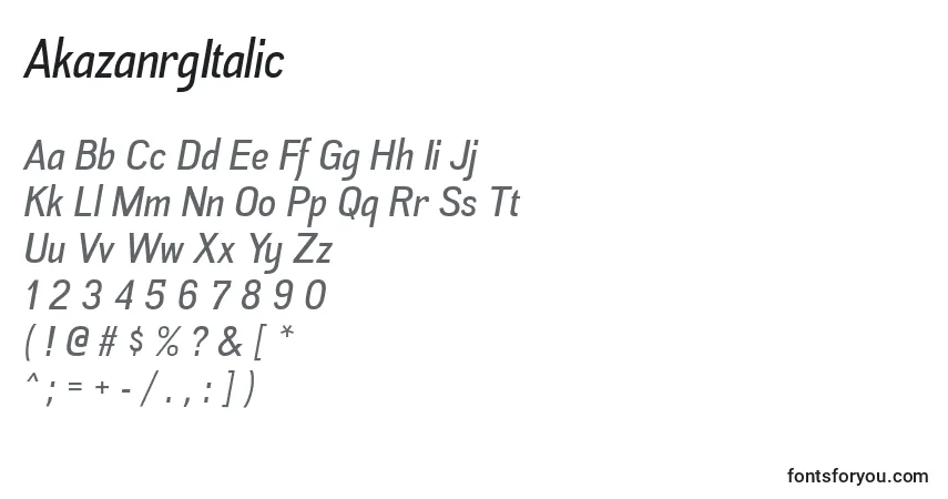 Czcionka AkazanrgItalic – alfabet, cyfry, specjalne znaki