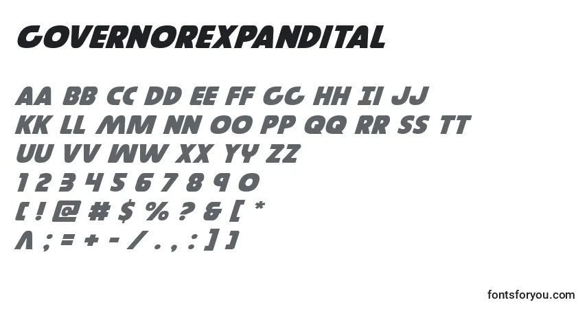 Шрифт Governorexpandital – алфавит, цифры, специальные символы