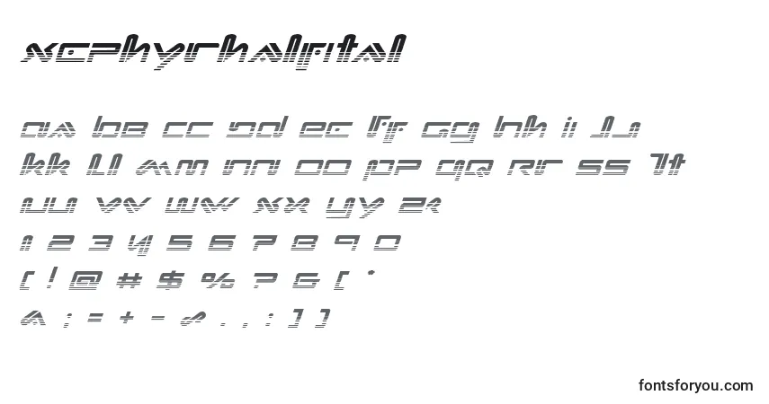 Xephyrhalfital-fontti – aakkoset, numerot, erikoismerkit