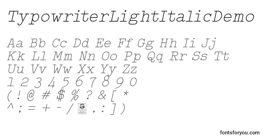 Schriftart TypowriterLightItalicDemo – Alphabet, Zahlen, spezielle Symbole