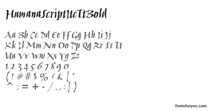 Czcionka HumanaScriptItcTtBold – alfabet, cyfry, specjalne znaki