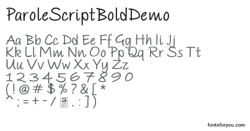 Czcionka ParoleScriptBoldDemo – alfabet, cyfry, specjalne znaki