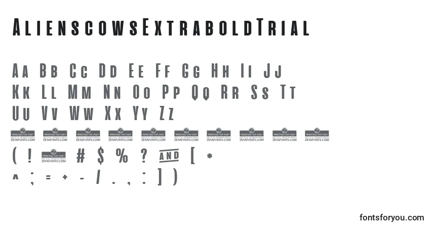 A fonte AlienscowsExtraboldTrial – alfabeto, números, caracteres especiais