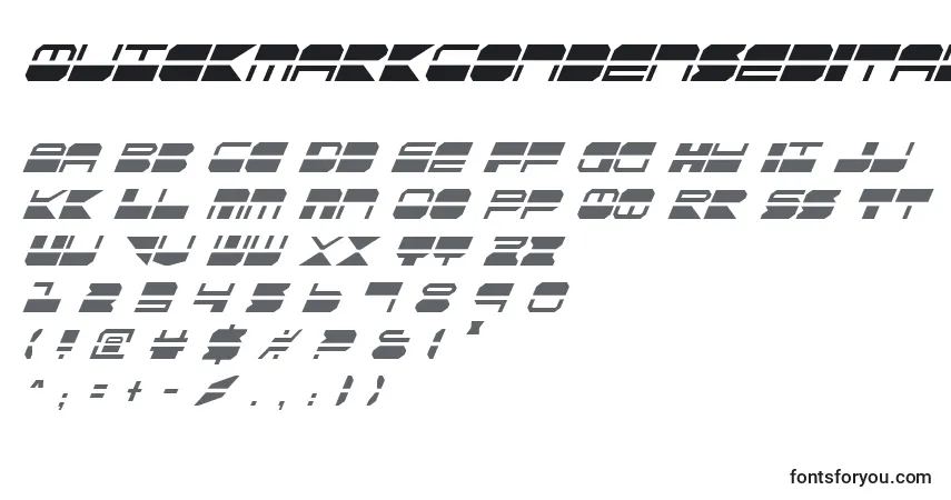 A fonte QuickmarkCondensedItalic – alfabeto, números, caracteres especiais