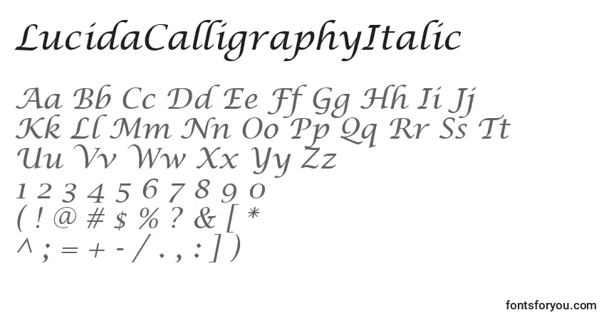 Czcionka LucidaCalligraphyItalic – alfabet, cyfry, specjalne znaki