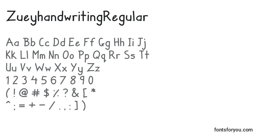 Czcionka ZueyhandwritingRegular – alfabet, cyfry, specjalne znaki
