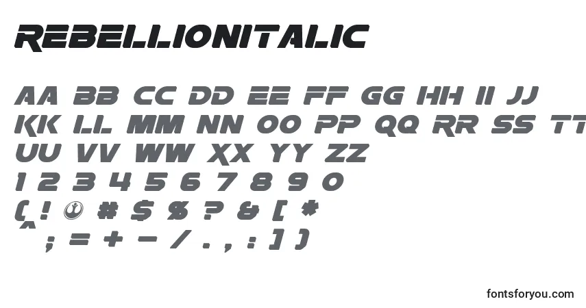 A fonte RebellionItalic – alfabeto, números, caracteres especiais