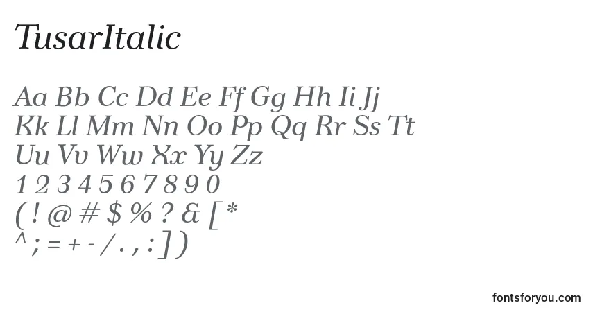 A fonte TusarItalic – alfabeto, números, caracteres especiais