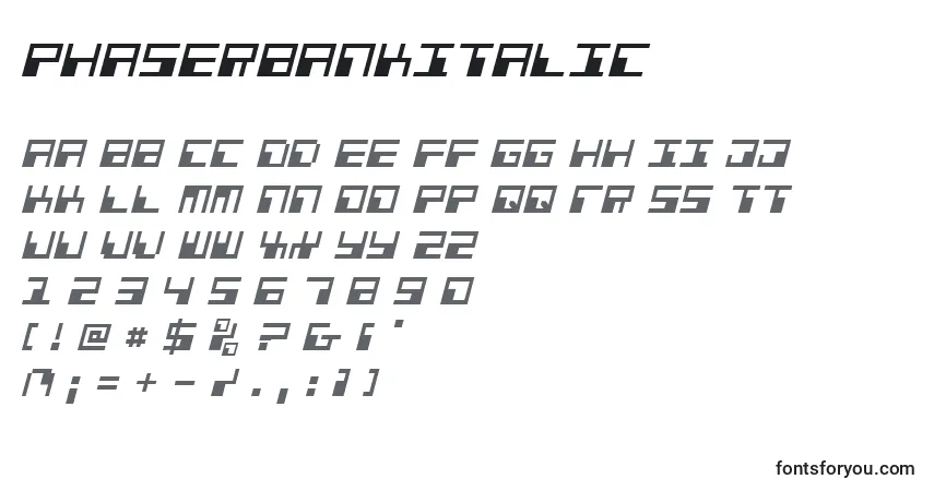 Шрифт PhaserBankItalic – алфавит, цифры, специальные символы