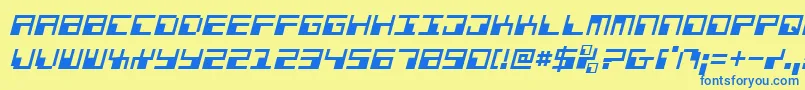 フォントPhaserBankItalic – 青い文字が黄色の背景にあります。