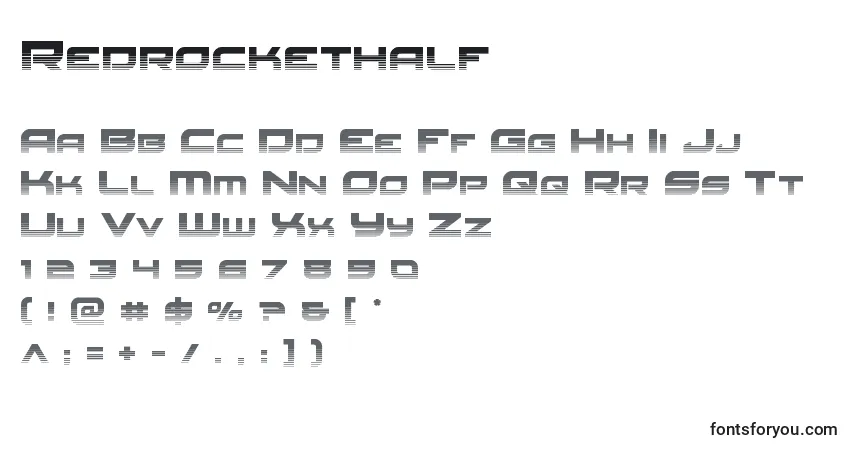 Czcionka Redrockethalf – alfabet, cyfry, specjalne znaki