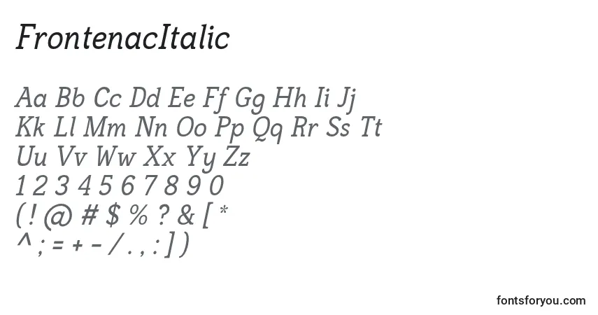 Czcionka FrontenacItalic – alfabet, cyfry, specjalne znaki