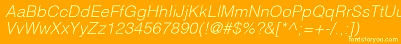 HelveticaLtLightOblique-Schriftart – Gelbe Schriften auf orangefarbenem Hintergrund