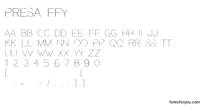 Czcionka Presa ffy – alfabet, cyfry, specjalne znaki